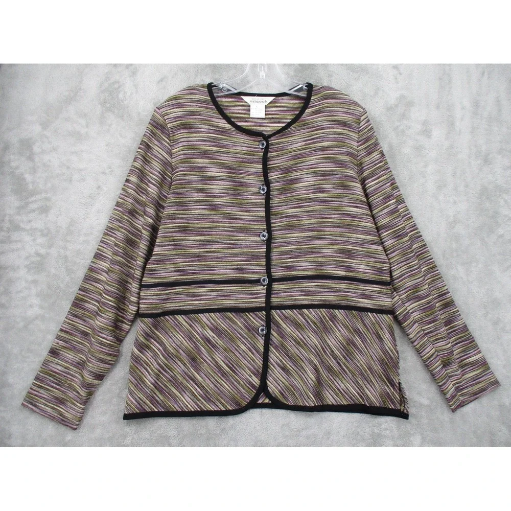 Exclusively Misook Sweater Large Cardigan Button Striped‎ Career Stretch Preppy